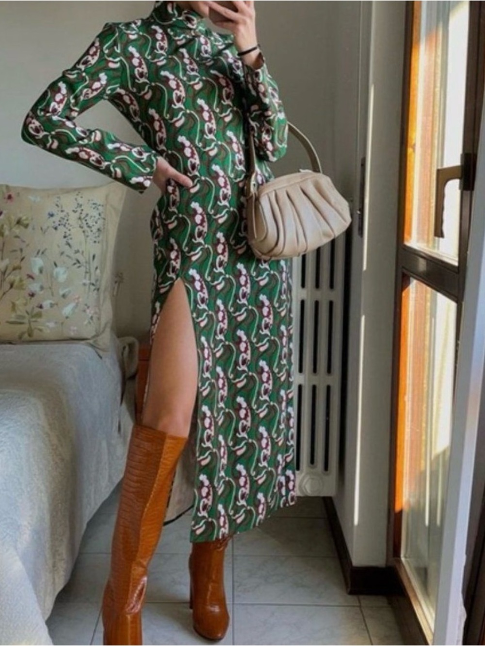 ZARA High Collar Print Dress Slit Bloggers Fav New